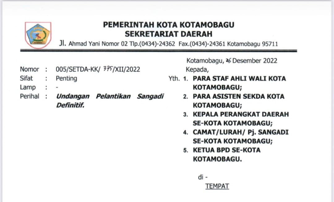 Surat undangan pelantikan Sangadi definitif se Kota Kotamobagu.