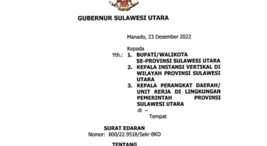 Surat edaran Gubenur Sulut tentang cuti bersama khusus Natal dan Tahun Baru 2023. (Foto: dok surat edaran Pemprov Sulut)