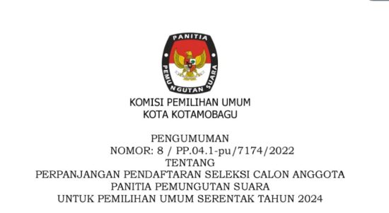 Surat KPU Kotamobagu tentang perpanjangan pendaftaran seleksi calon anggota PPS Pemilu 2024. (dok/KPU Kotamobagu)