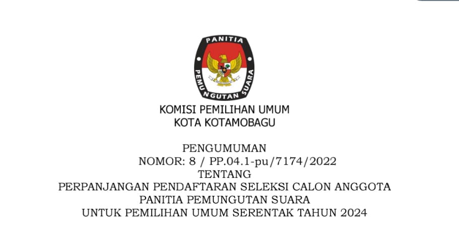 Surat KPU Kotamobagu tentang perpanjangan pendaftaran seleksi calon anggota PPS Pemilu 2024. (dok/KPU Kotamobagu)