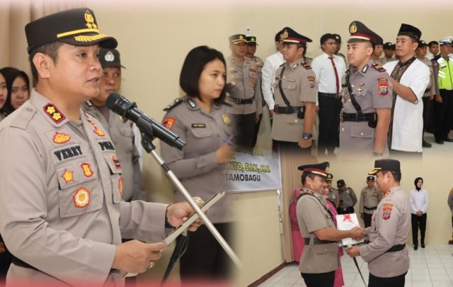 Kapolres Kotamobagu AKBP Dasveri Abdi, memimpin upacara pelaksanaan Serah terima Jabatan Kapolsek Lolayan yang dilaksanakan di Aula Mapolres Kotamobagu, Kamis (06/04/2023). Foto: Dok/Humas Polres Kotamobagu.