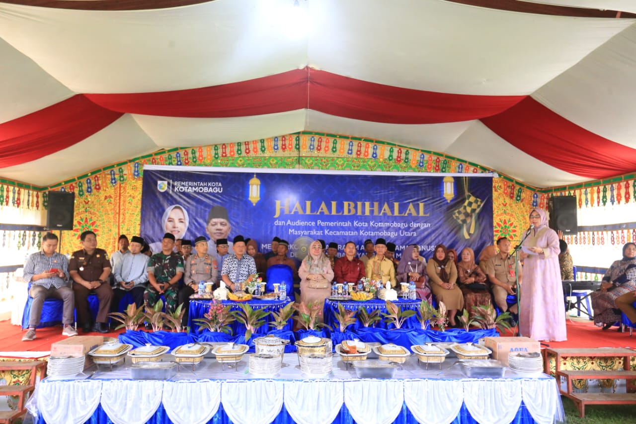 Tampak Wali Kota Kotamobagu Tatong Bara saat memberikan sambutan pada acara halal bihalal di Kecamatan Kotamobagu Utara, Selasa (9/5/2023). Foto: Miranty Manangin/bolmong.news