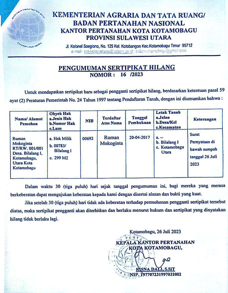 Pengumuman kehilangan sertifikat. dok/Bolmong.news