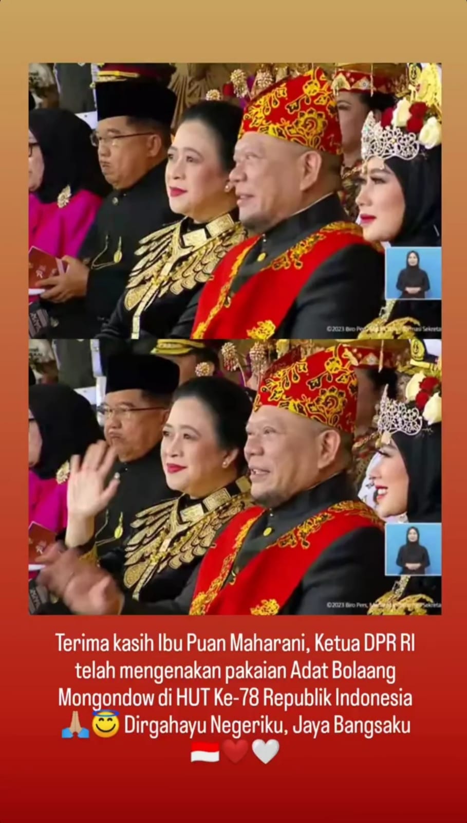 Tampak Ketua DPR RI Puan Maharani menggunakan pakaian adat kerajaan Bolaang Mongondow pada Upacara HUT Kemerdekaan RI di Istana Negara, pada Kamis, 17 Agustus 2023. Foto: dok/Murdiono Mokoginta.