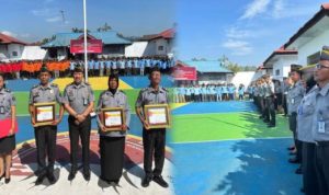 Momentum Upacara Bendera Peringatan Hari Kesaktian Pancasila hingga kenaikan pangkat dan pemberian piagam penghargaan ke empat orang pegawai Rutan di lapangan upacara Rutan Kotamobagu, Senin 2 Oktober 2023. (Foto.Wahyudy Paputungan/bolmong.news)
