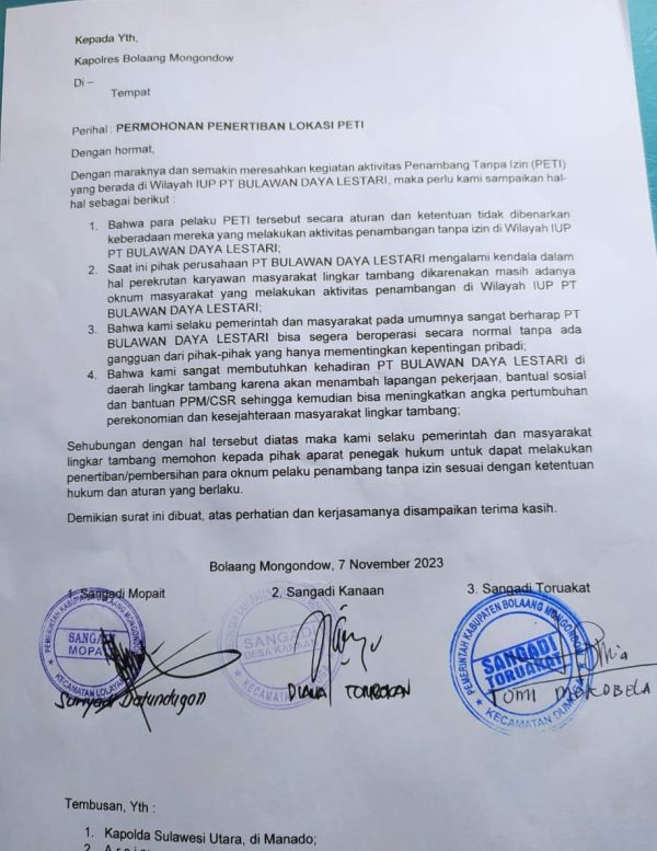 Tampak surat permohonan penertiban lokasi PETI, dari pemerintah desa lingkar tambang, Desa Mopait, Desa Kanaan dan Desa Toruakat.