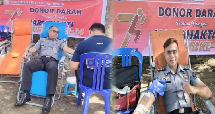 Berlangsung di halaman Kantor Imigrasi Kotamobagu, tampak Karutan Kotamobagu Aris Supriyadi (kiri), ikut ambil bagian donorkan darah dan diikuti sejumlah petugas Rutan, Selasa 23 Januari 2024. (foto.Ilham/Rutan Kotamobagu)