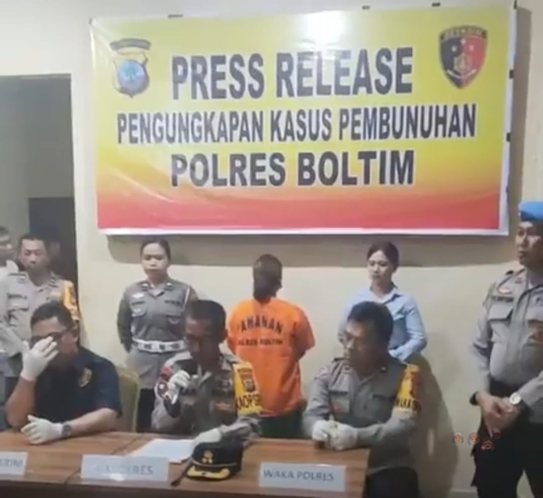 Konfrensi Pers kasus pembunuhan bocah berusia 8 tahun di Kabupaten Boltim yang digelar Polres Boltim, Jumat (19/1/2024). Foto: Rizaldi Modeong/bolmong.news