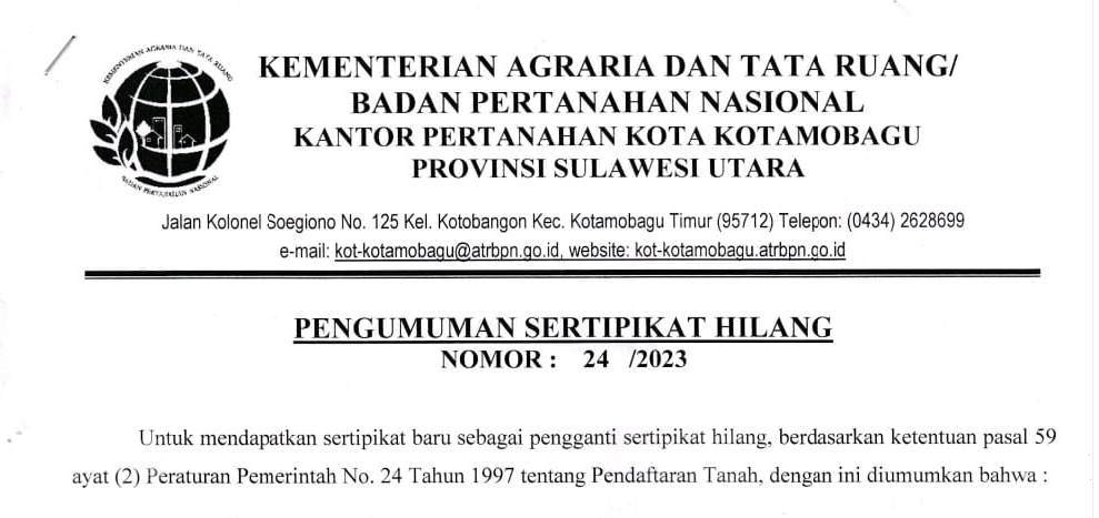 Pengumuman sertipikat hilang. Foto: Dok/bolmong.news