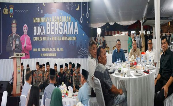 Mewakili Kepala Kanwil Kemenkumham Sulut Ronald Lumbuun, tampak Kadiv Yankumham Rudy Pakpahan (kanan luar) saat menghadiri acara buka puasa bersama, bertempat di Rumah Dinas Kapolda Sulawesi Utara (Sulut), Sabtu 16 Maret 2024. (Foto.Rutan Kotamobagu)