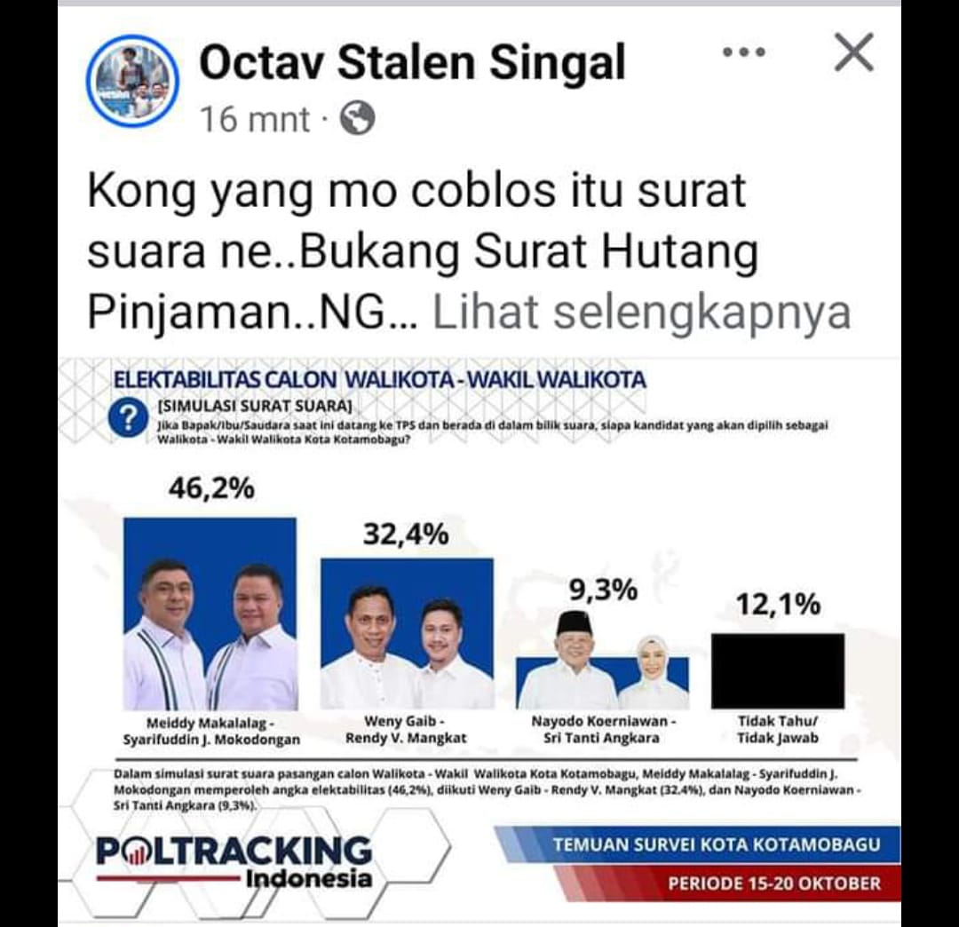 Unggahan hasil survei yang diduga mencatut lembaga Poltracking di akun facebook. Foto: Tangkapan layar FB.