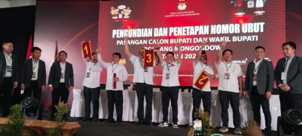 KPU Bolmong gelar pengundian nomor urut paslon Pilkada Bolmong 2024, Gedung Convention Hall Yadika, Kopandakan II, Kecamatan Lolayan, Kabupaten Bolaang Mongondow (Bolmong), Senin 23 September 2024, siang.(foto.yudi/bolmong.news)