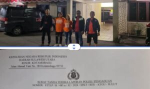 Tampak kedua pelapor bersama tim kuasa hukum saat berada di depan kantor Polres Kotamobagu. Insert foto Laporan Kepolisian. (Dok/bolmong.news)