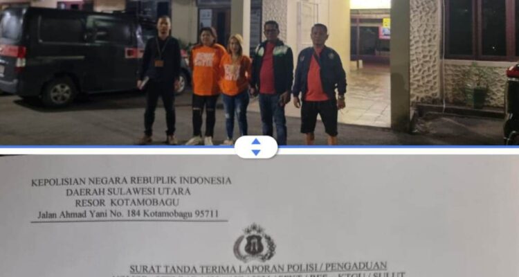 Tampak kedua pelapor bersama tim kuasa hukum saat berada di depan kantor Polres Kotamobagu. Insert foto Laporan Kepolisian. (Dok/bolmong.news)